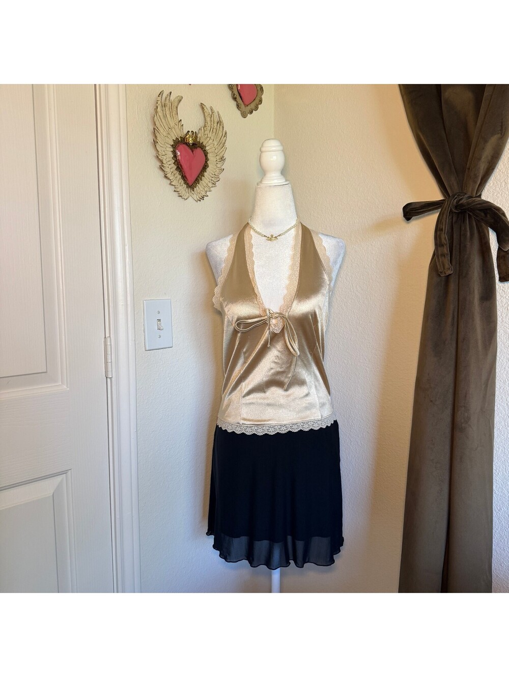Satin Lace Trim Cami Halter Top Champagne Tie Detail Thirty Thirty LA Size Large